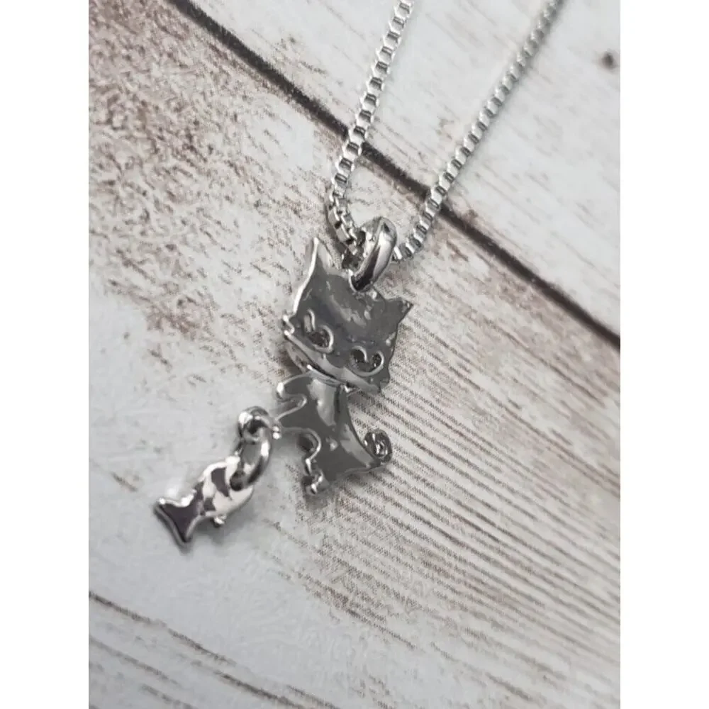 Silver Tone Cat with Fish Pendant Necklace - Whimsical